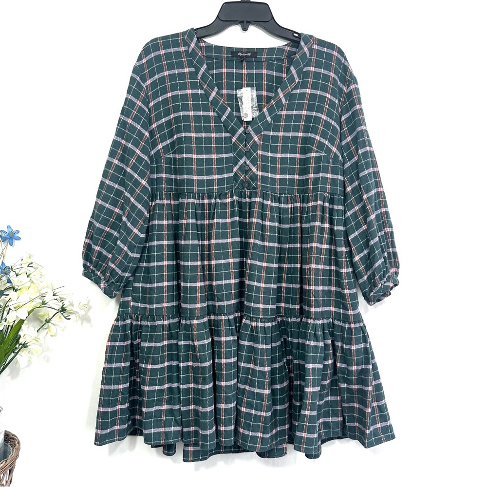 Madewell Women’s Green Plaid Flannel Long Sleeve Tiered Colette Mini Dress - NWT